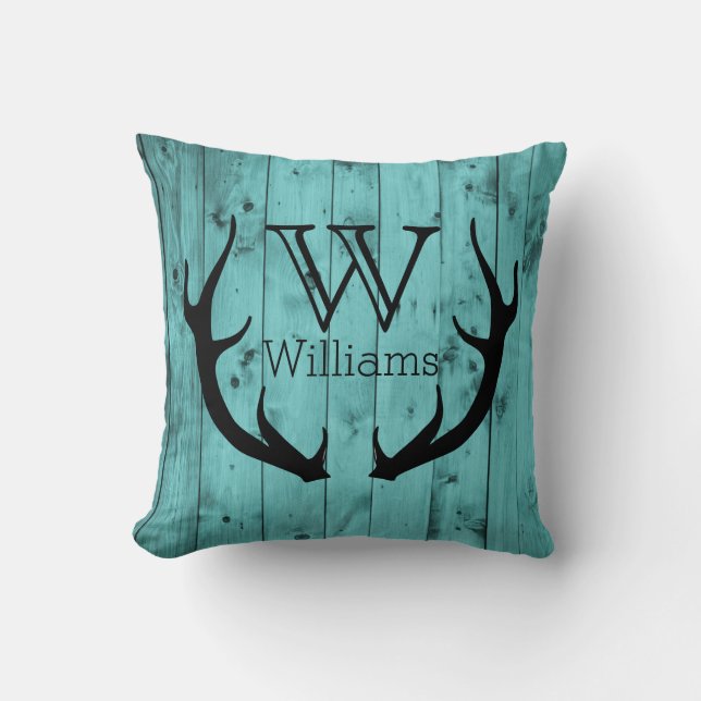 Rustic Deer Antler Teal Wood Black Monogram Cushion (Front)