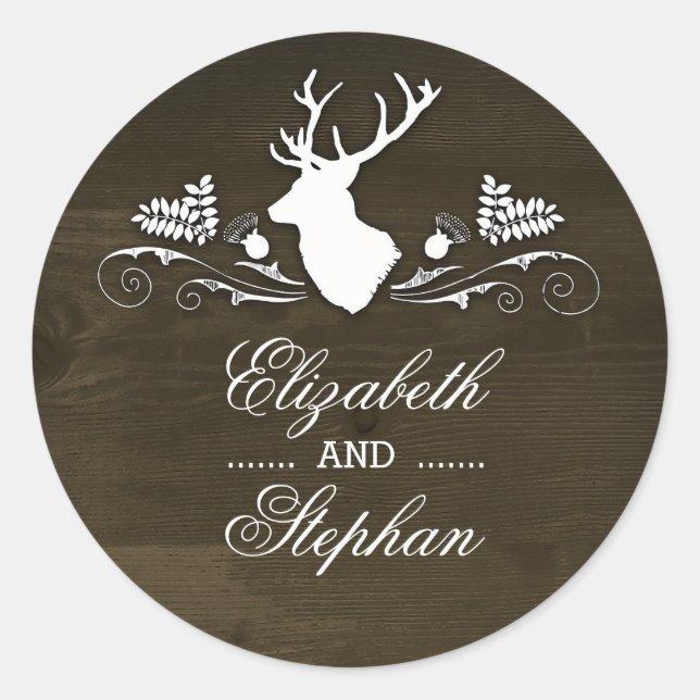 Rustic Deer Antlers Barn Wedding Classic Round Sticker (Front)