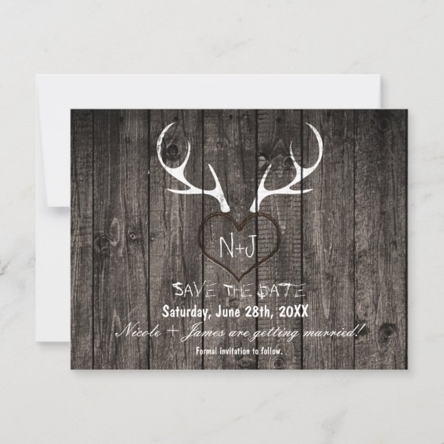 Rustic Deer Antlers & Carved Heart Save The Date (Front)