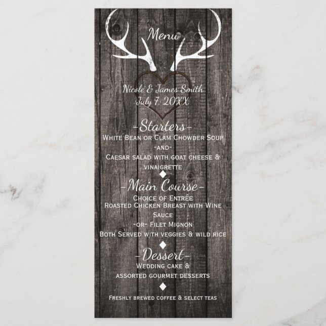 Rustic Deer Antlers & Carved Heart Wedding Menu (Front)