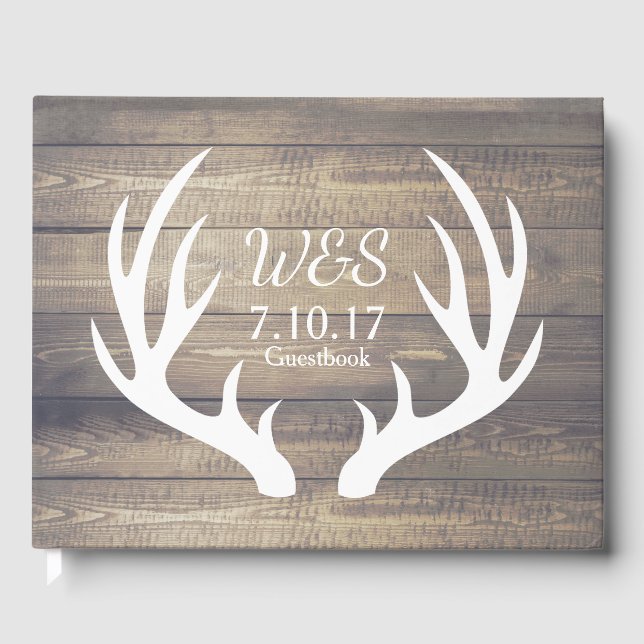 Rustic Deer Antlers Country Farmhouse Wood Wedding Guest Book (Front)