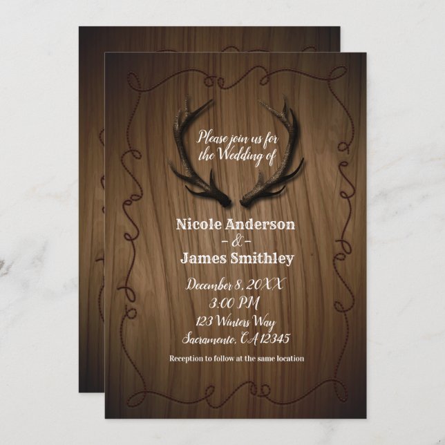 Rustic Deer Antlers Country Wood Barn Wedding Invitation (Front/Back)