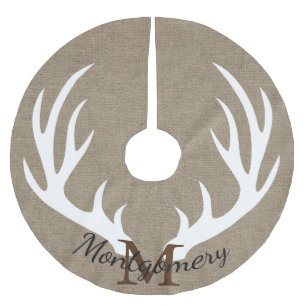 Rustic Deer Antlers Faux Burlap Family Name Brushed Polyester Tree Skirt