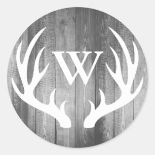 Rustic Deer Antlers Grey Barn Wood Monogram Classic Round Sticker