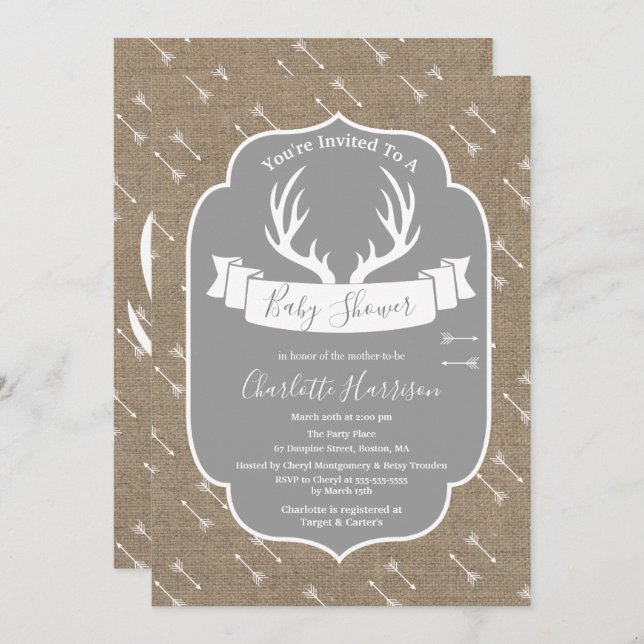 Rustic Deer Antlers Grey & Faux Burlap Baby Shower Invitation (Front/Back)