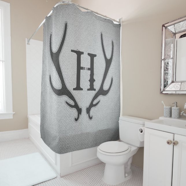 Rustic Deer Antlers Grey Faux Burlap Country Chic Shower Curtain (In Situ)