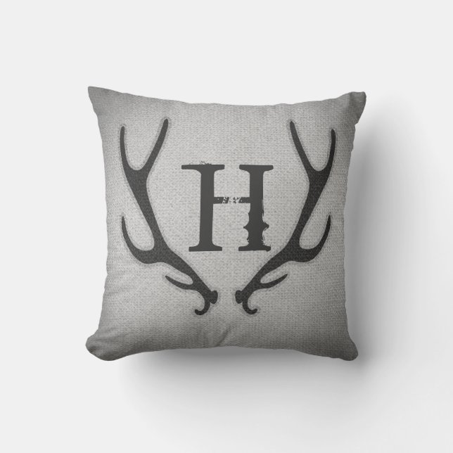 Rustic Deer Antlers Grey Faux Burlap Texture Cushion (Front)