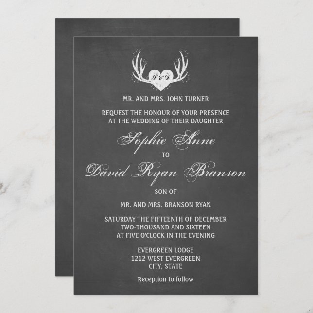 Rustic Deer Antlers & Heart Chalk Wedding Invite (Front/Back)
