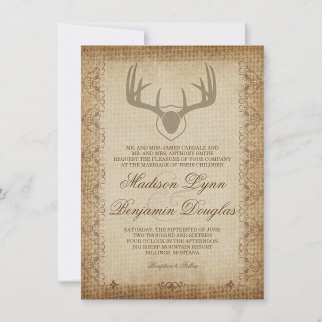 Rustic Deer Antlers Hunting Burlap Wedding Invites (Front)