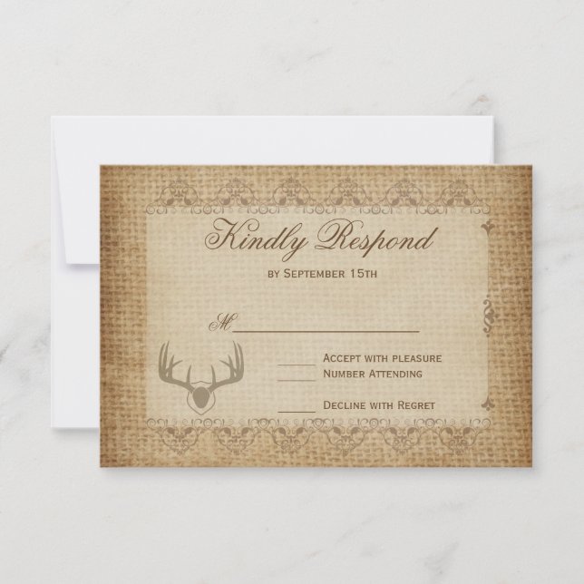 Rustic Deer Antlers Hunting Wedding RSVP Cards (Front)