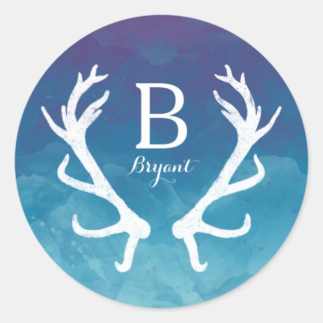Rustic Deer Antlers Monogram Blue Watercolor Classic Round Sticker (Front)