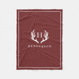 Rustic Deer Antlers Monogram Cranberry Red Fleece Blanket