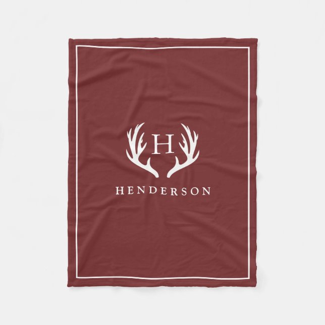 Rustic Deer Antlers Monogram Cranberry Red Fleece Blanket (Front)
