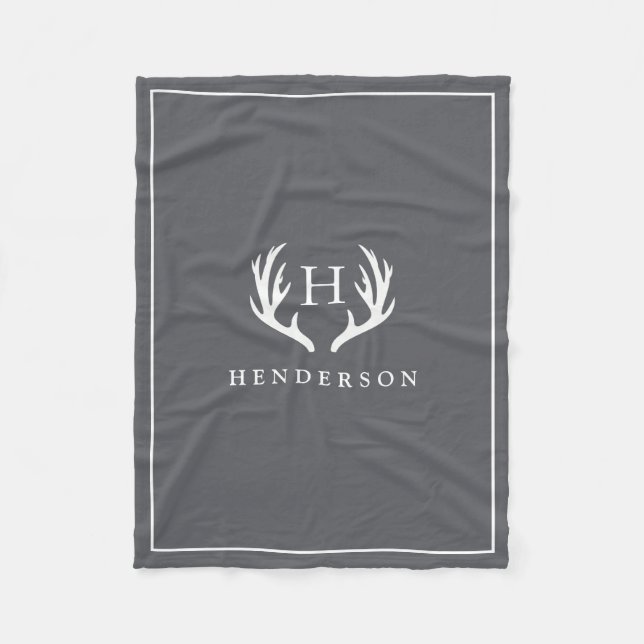 Rustic Deer Antlers Monogram Grey Fleece Blanket (Front)