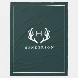 Rustic Deer Antlers Monogram Pine Green Fleece Blanket
