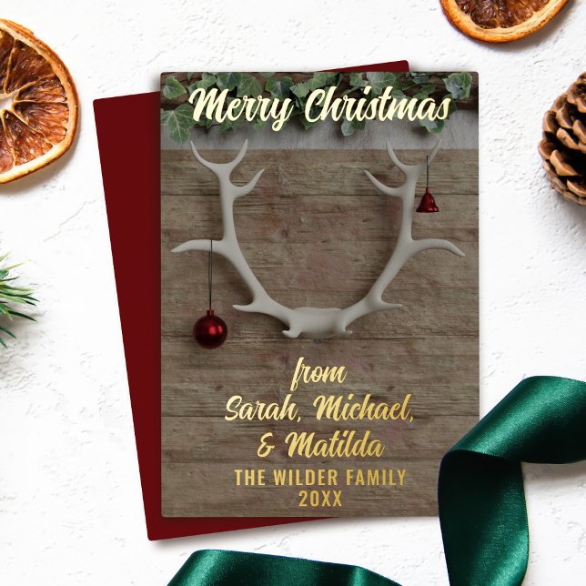 Rustic Deer Antlers Non Photo Foil Holiday Card (A rustic non photo holiday card with space for your greeting and family name. Real Foil!)