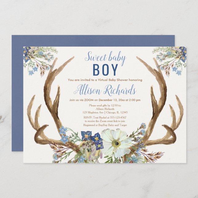 Rustic deer antlers Sweet boy Virtual Baby Shower Invitation (Front/Back)