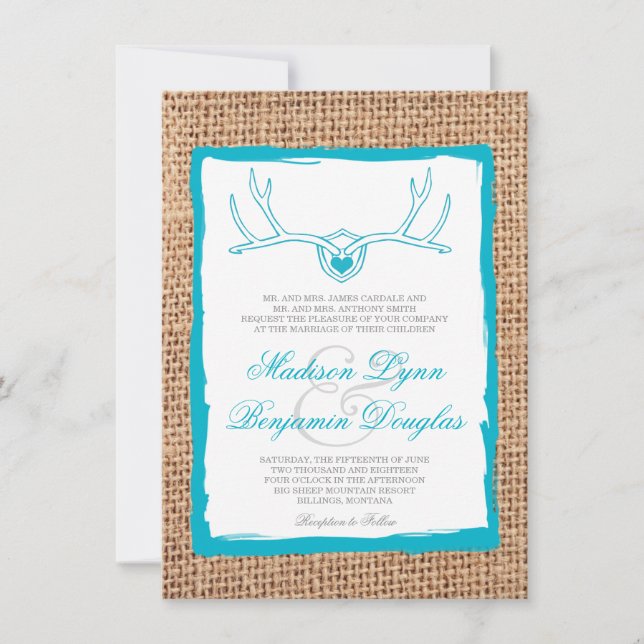 Rustic Deer Antlers Teal Burlap Wedding Invites (Front)