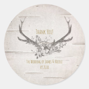 Rustic Deer Antlers & White Birch Vintage Wedding Classic Round Sticker