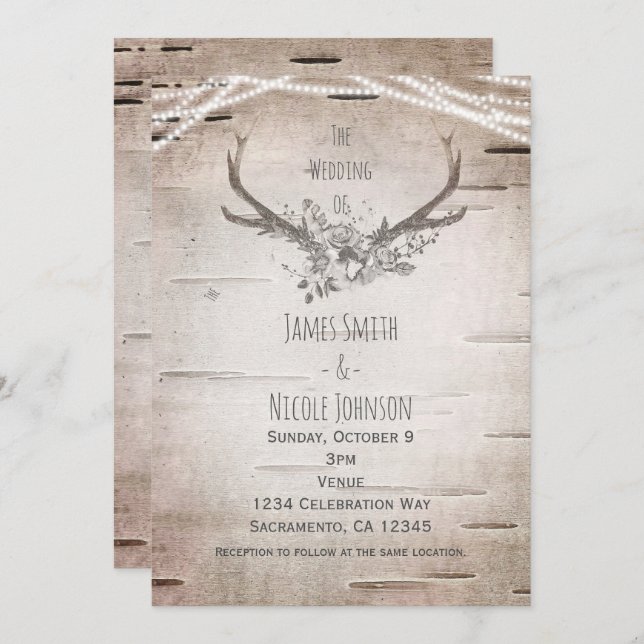 Rustic Deer Antlers & White Birch Vintage Wedding Invitation (Front/Back)