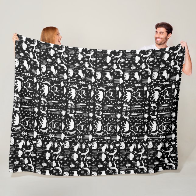Rustic Deer Bear Fox Folk Art Pattern Fleece Blanket (In Situ)