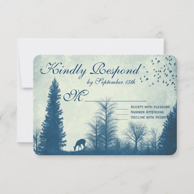 Rustic Deer Blue Country Trees Wedding RSVP Cards (Front)