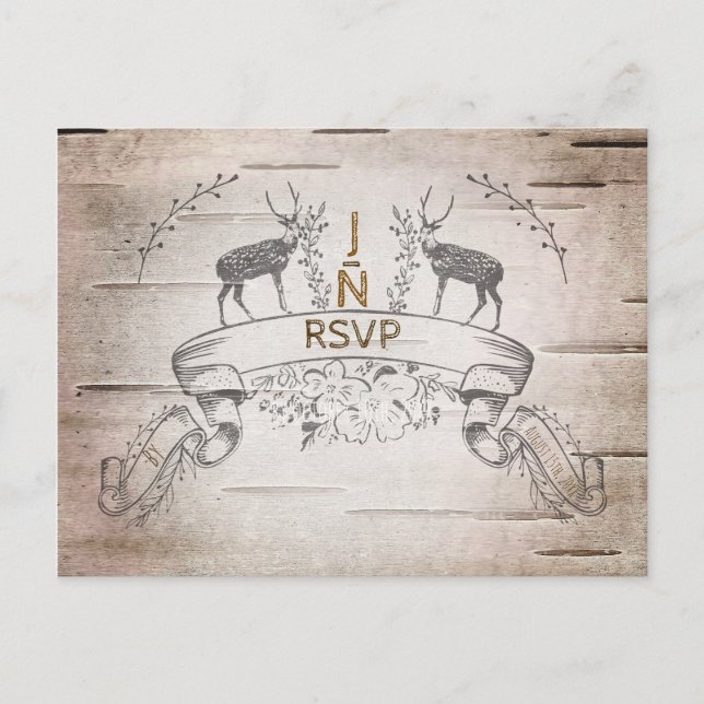 Rustic Deer & Branches Birch Wedding RSVP Invitation Postcard (Front)
