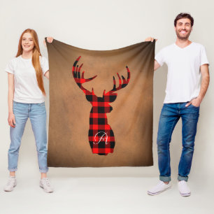 Rustic Deer Buffalo Plaid Monogram Fleece Blanket
