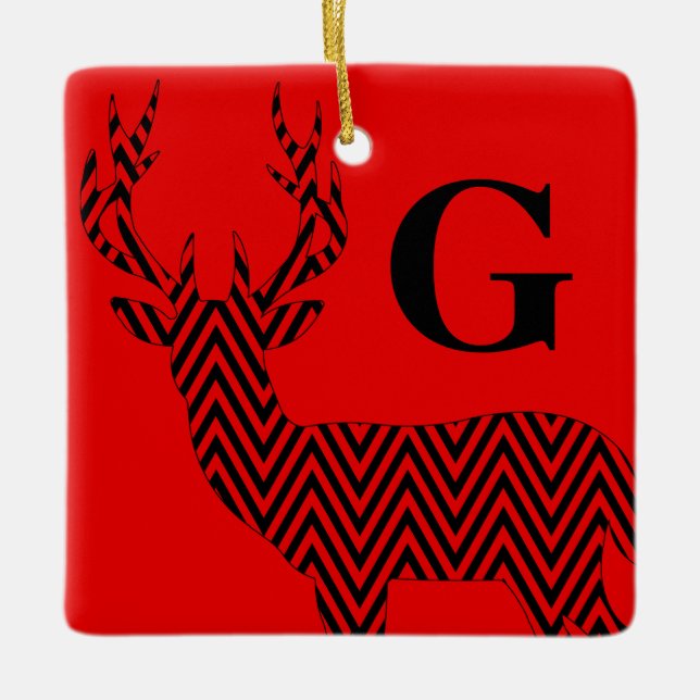 Rustic Deer Chevron Monogram | red black Ceramic Ornament (Front)