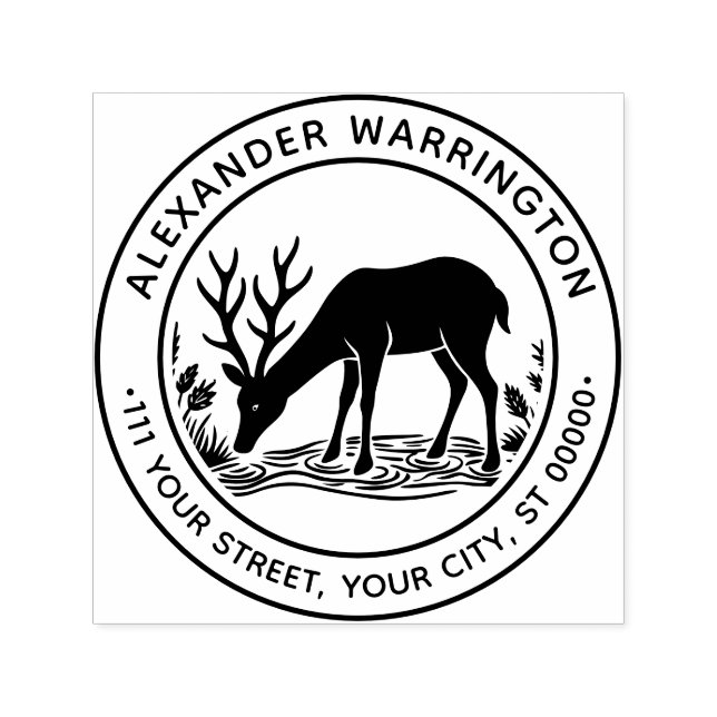 Rustic Deer Drinking Water Family Name Date Est Self-inking Stamp (Design)