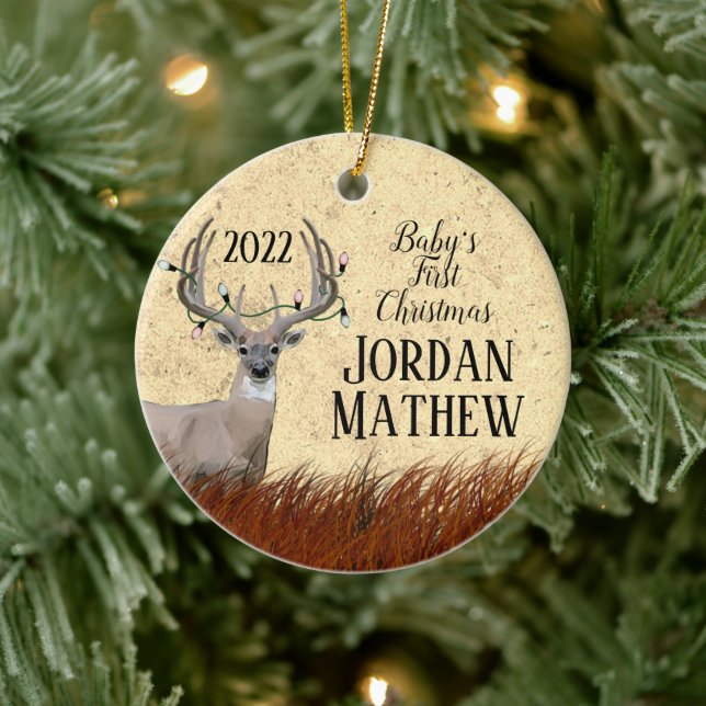 Rustic Deer First Christmas  Ceramic Ornament (Tree)