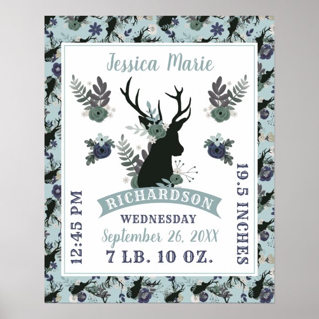 Rustic Deer Head Blue Baby Girl Birth Record Stats Poster (Front)