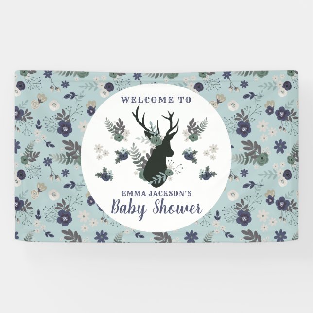 Rustic Deer Head Blue Floral Baby Shower Welcome Banner (Horizontal)