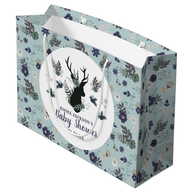 Rustic Deer Head Blue Floral Modern Baby Shower Large Gift Bag (Back Angled)