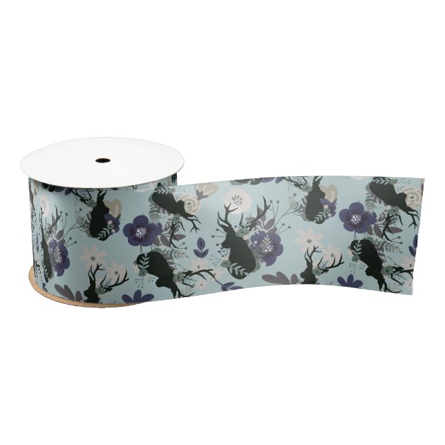 Rustic Deer Head Blue Floral Modern Baby Shower Satin Ribbon (Spool)
