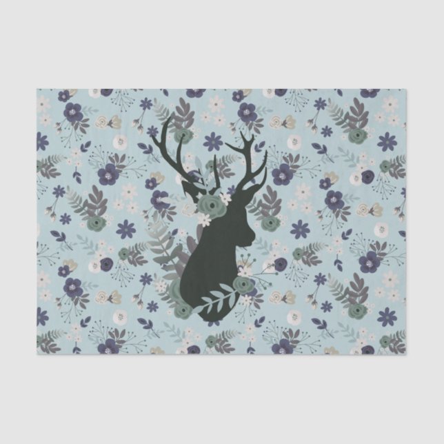 Rustic Deer Head Blue Floral Modern Baby Shower Tissue Paper (Front)