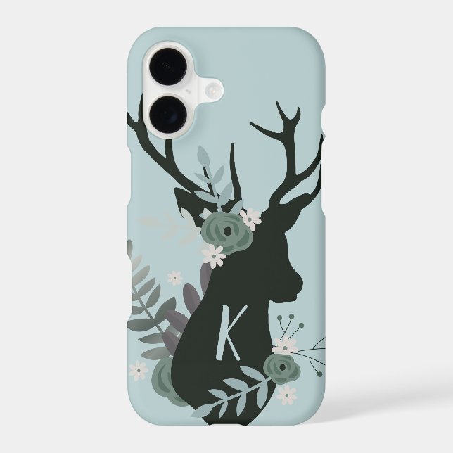 Rustic Deer Head Blue Floral Monogram Initial (Back)