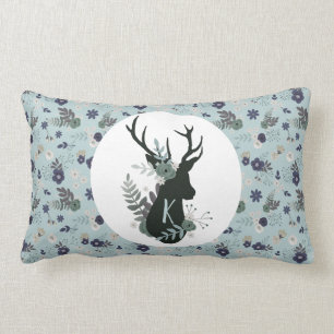 Rustic Deer Head Blue Floral Monogram Initial Lumbar Cushion