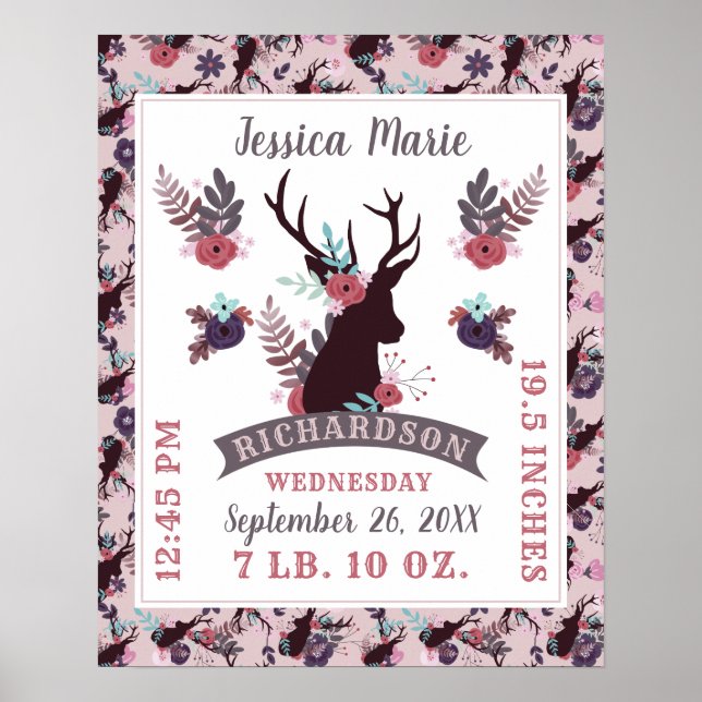 Rustic Deer Head Chic Baby Girl Birth Record Stats Poster (Front)