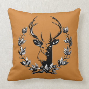 Rustic Deer Head in Laurel Leaves On Bronze Brown Cushion