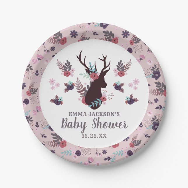 Rustic Deer Head Mauve Floral Girl Baby Shower Paper Plate (Front)