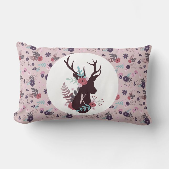Rustic Deer Head Mauve Floral Monogram Initial Lumbar Cushion (Front)