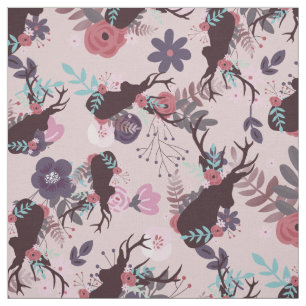 Rustic Deer Head Mauve Pink Floral Trendy Pattern Fabric