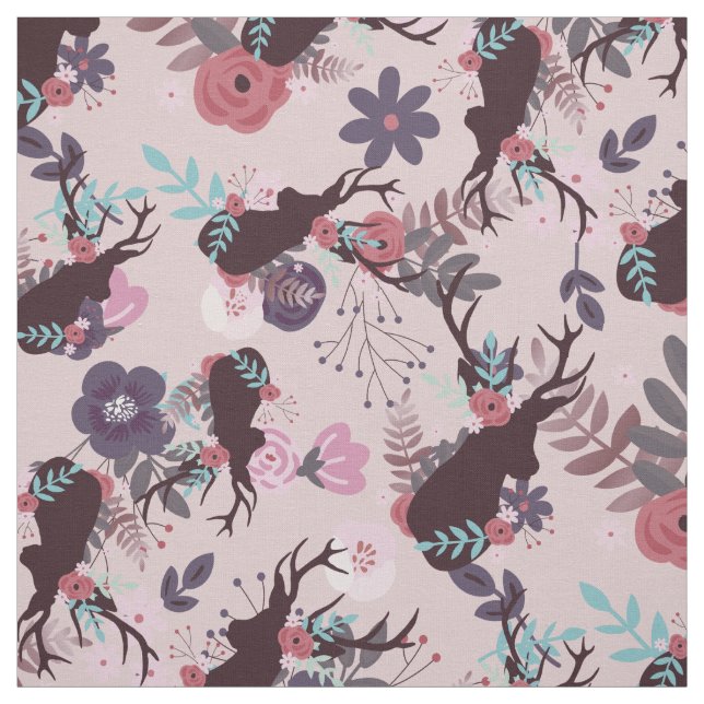Rustic Deer Head Mauve Pink Floral Trendy Pattern Fabric (Swatch)