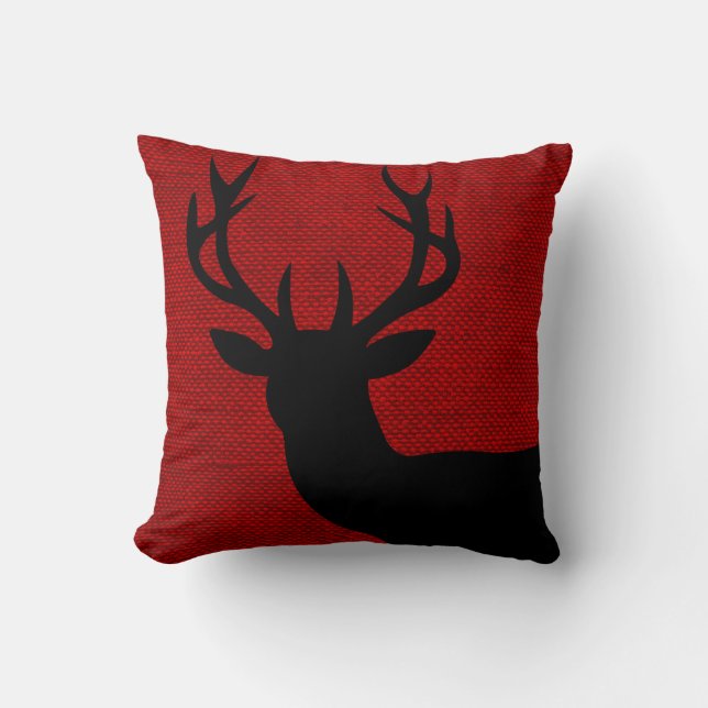 Rustic Deer Head Silhouette on Burlap | red black Cushion (Front)