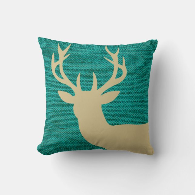Rustic Deer Head Silhouette on Burlap | turquoise Cushion (Front)