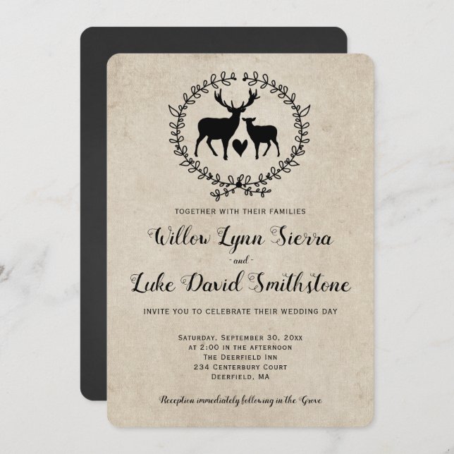 Rustic Deer Heart Wreath Kraft Wedding Invitation (Front/Back)