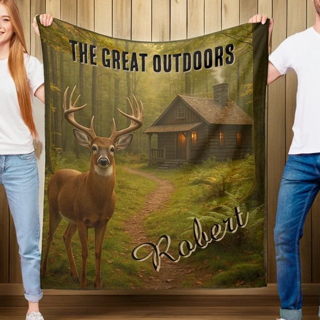 Rustic Deer Hunting Cabin Forest Signature Name Fleece Blanket (Creator Uploaded)