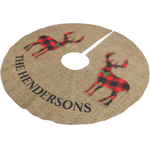 Rustic Deer in Plaid Christmas Holly Brushed Polyester Tree Skirt