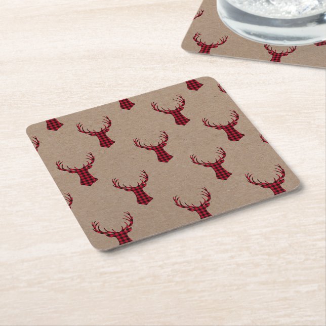 Rustic Deer Kraft Plaid Christmas Square Paper Coaster (Angled)